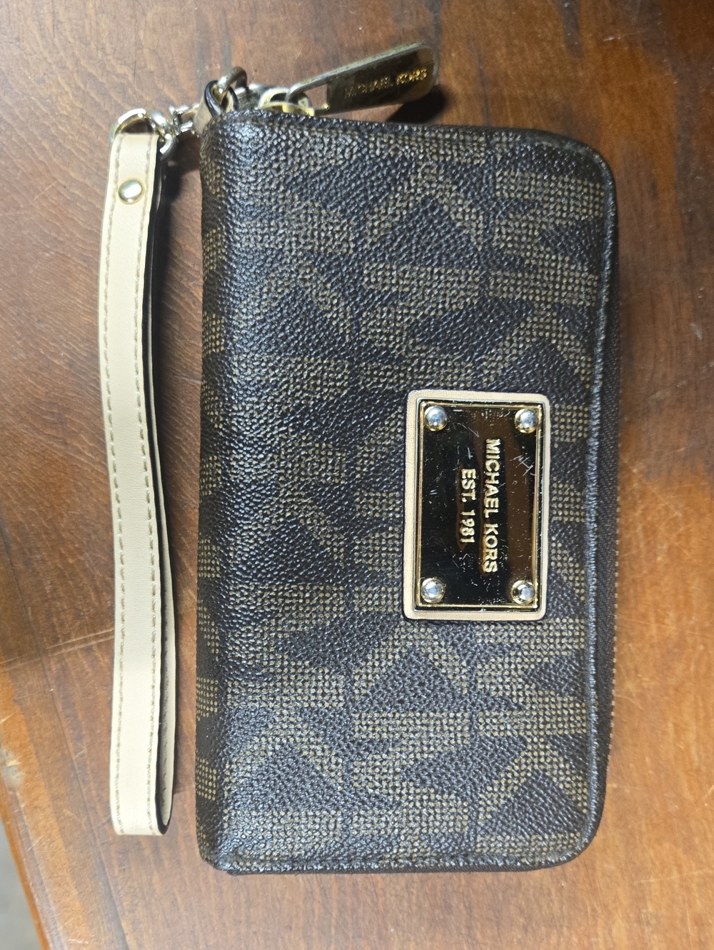 Michael Kors Brown and Tan Monogram Wristlet Wallet